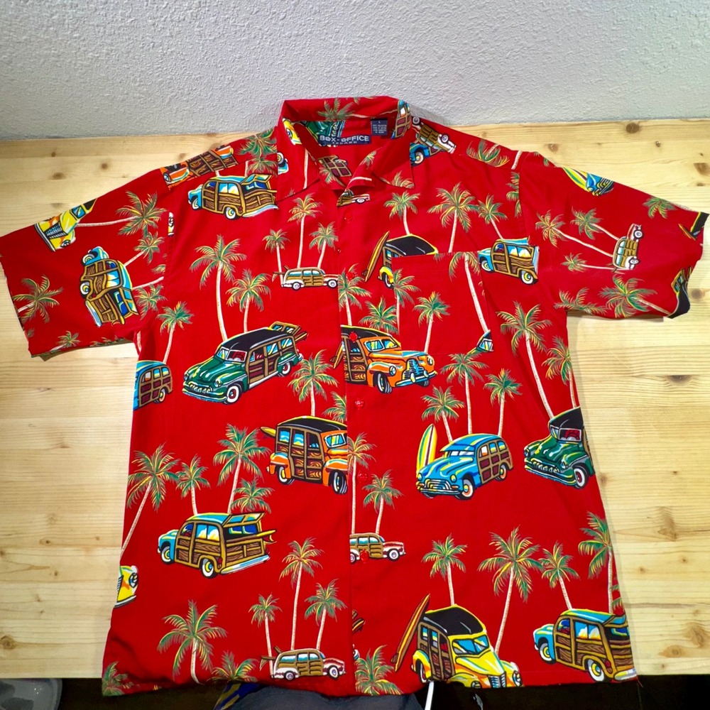 Box Office Island Hawaiian Shirt Woody Cars Palm Trees Summer Vacation Size‎ L